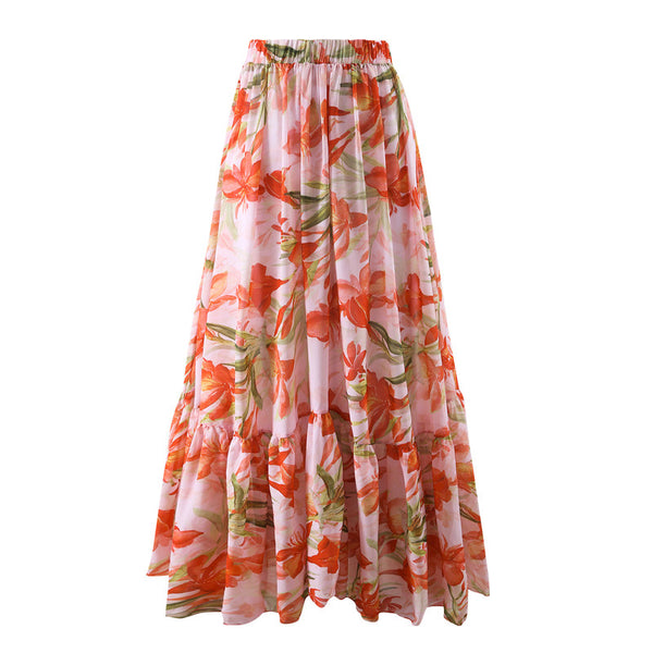 Flower Print Shoulder Straps One Piece Swimsuit With Cover Up Orange