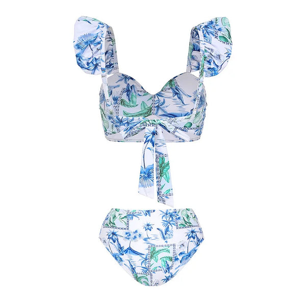 White Tropical High Waisted Bikini Set With Beach Pants