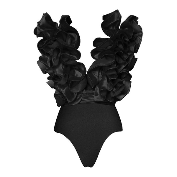 Black Solid Ruffle One Piece Swimsuit With Ruffle Skirt
