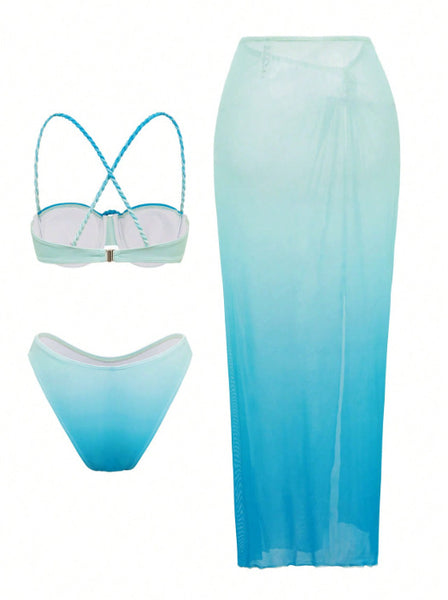 Light Blue Ombre Underwire Bikini Set With Sarong