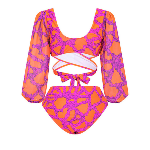 Pink Abstract Wrap Bikini Set With Sarong