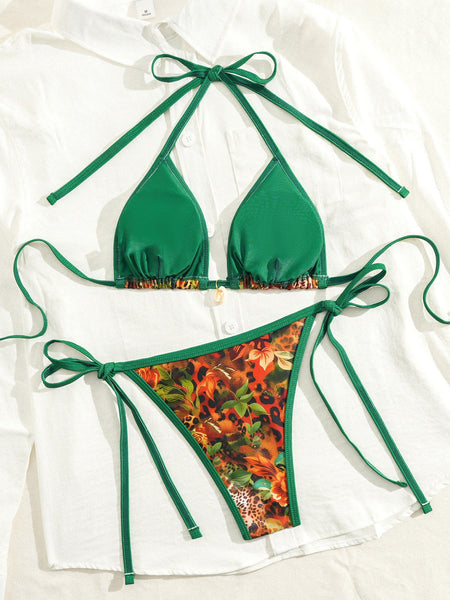 Green Tropical Halter Bikini Set