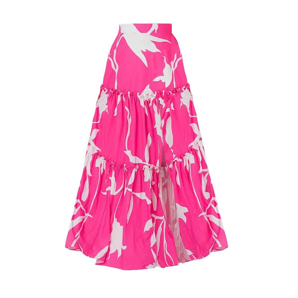 Pink Tropical Cut Out One Piece Swimsuit With Beach Skirt