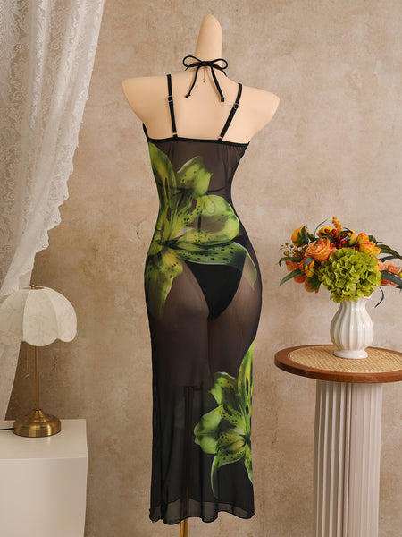 Black Tropical Halter Bikini Set With Maxi Cover Up