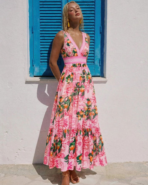 Pink Fruit Print Deep V One Piece Swimsuit With Beach Skirt