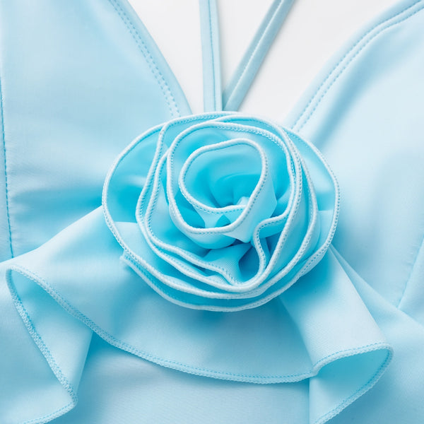 Sky Blue Solid Ruffle One Piece Swimsuit With Beach Skirt