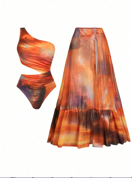 Orange Gradient One Shoulder One Piece Swimsuit With Beach Skirt