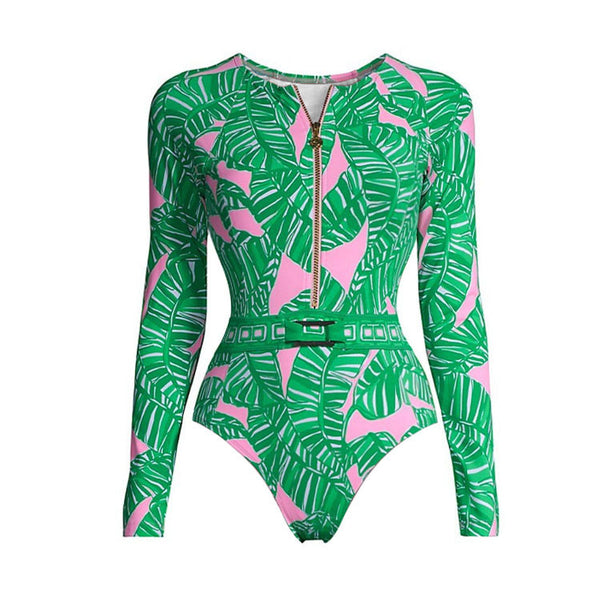 Green Tropical Long Sleeve One Piece Swimsuit With Beach Skirt