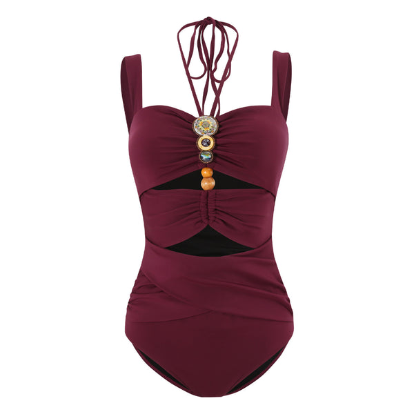 Maroon Solid Cut Out One Piece Swimsuit With Beach Skirt