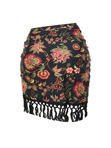 Black Floral Halter One Piece Swimsuit With Sarong