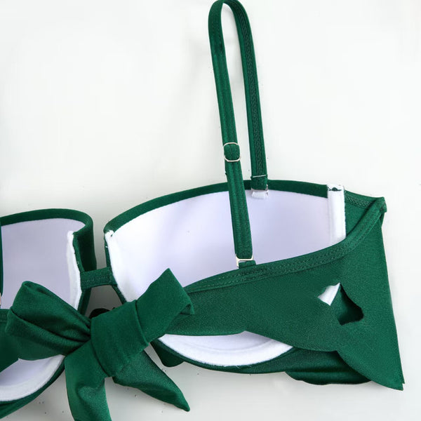 Green Solid High Waisted Bikini Set With Beach Skirt