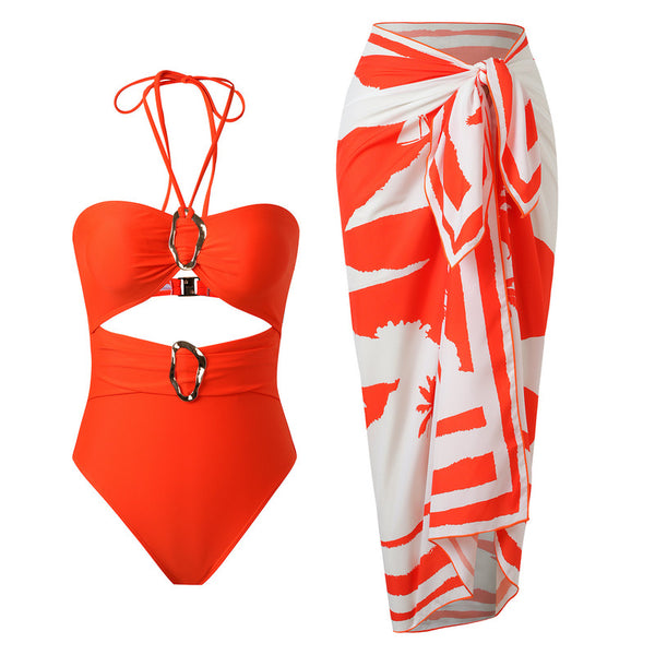 Orange Tropical Cut Out One Piece Swimsuit With Sarong