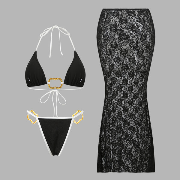 Black Solid Halter Bikini Set With Beach Skirt