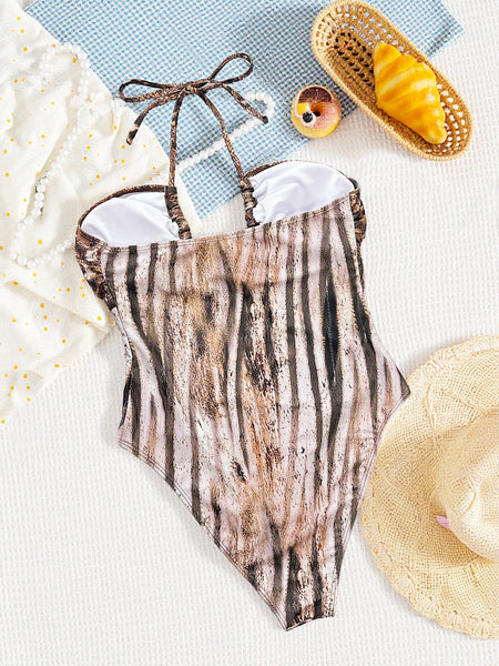 Brown Animal Print Cut Out One Piece Swimsuit