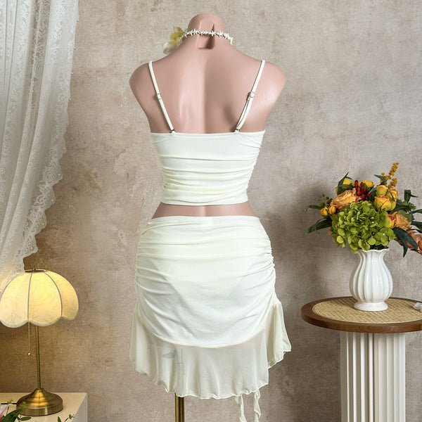 White Solid Crop Top Bikini Set With Beach Skirt