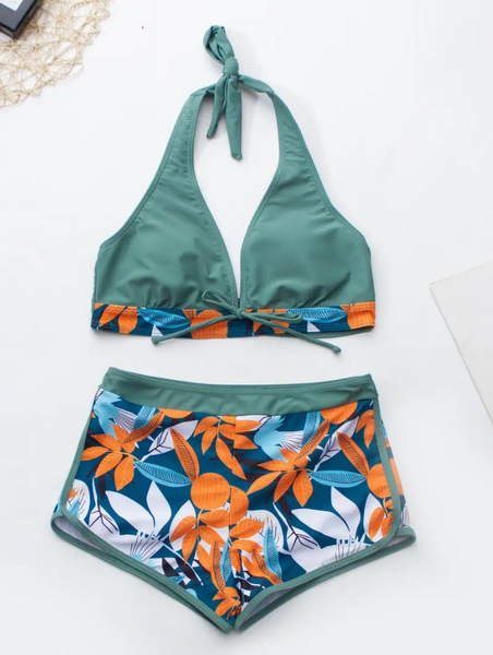 Green Tropical Leaf Print Tie Bikini and Boardshorts