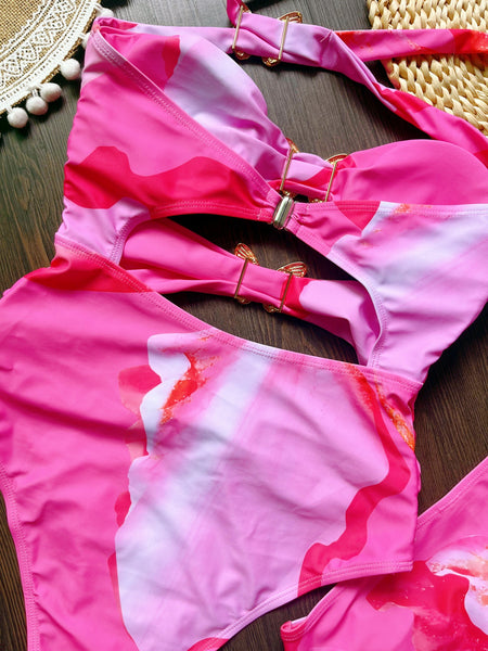 Pink Abstract Halter One Piece Swimsuit With Beach Skirt