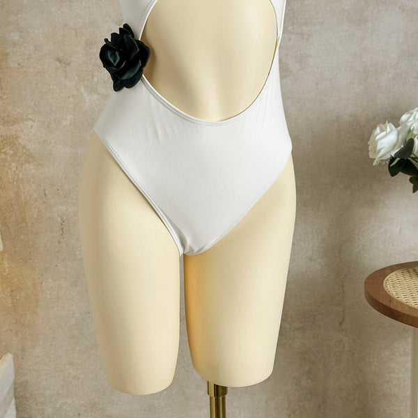 White Solid One Shoulder One Piece Swimsuit