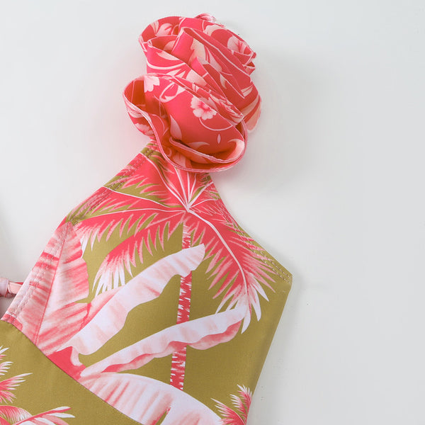 Tropical Print V-neck Flower Decor One Piece Swimsuit With Skirt Pink