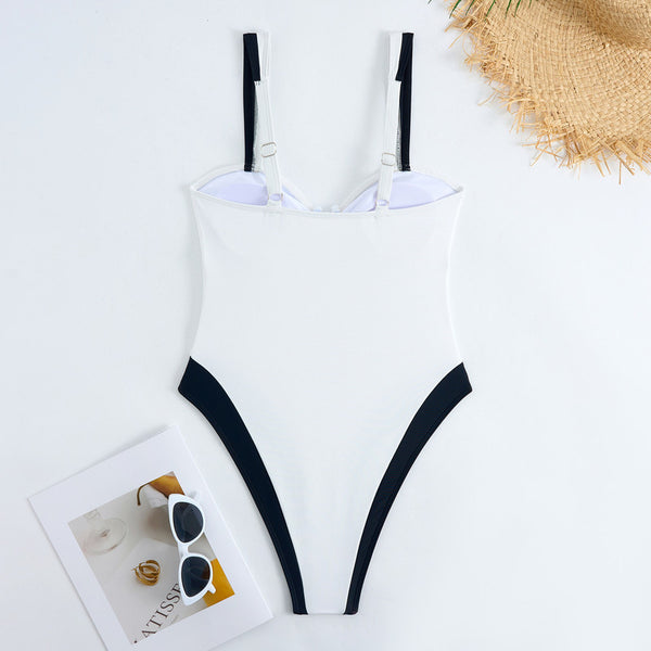 White Solid Deep V One-Piece Set