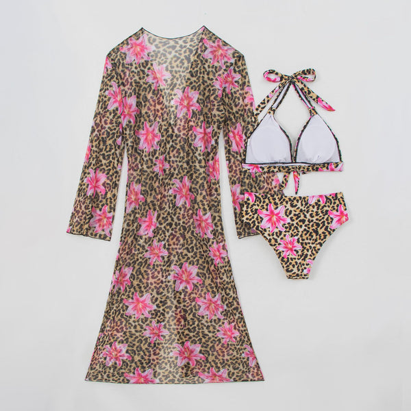 Brown Animal Print Halter Bikini Set With Long Sleeve Shrug Cover Up