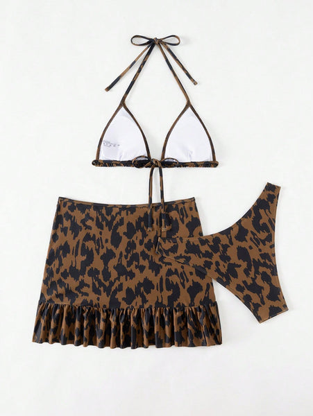 Brown Animal Print Triangle Bikini Set With Beach Skirt