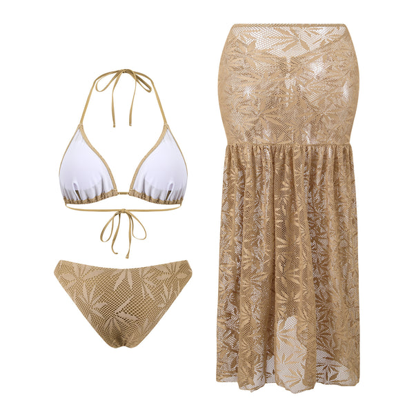 Brown Mesh Print Halter Bikini Set With Maxi Cover Up