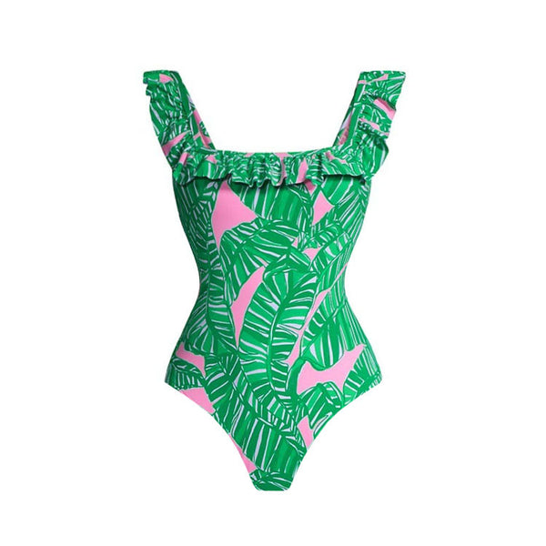 Green Tropical Ruffle One Piece Swimsuit With Beach Skirt
