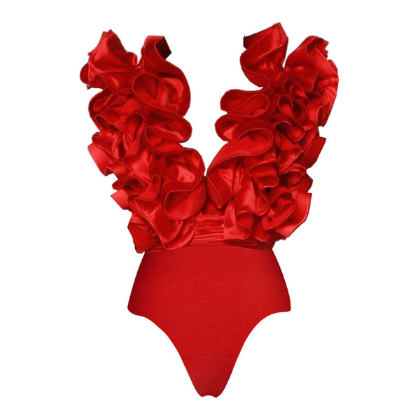 Red Solid Ruffle One Piece Swimsuit With Ruffle Skirt