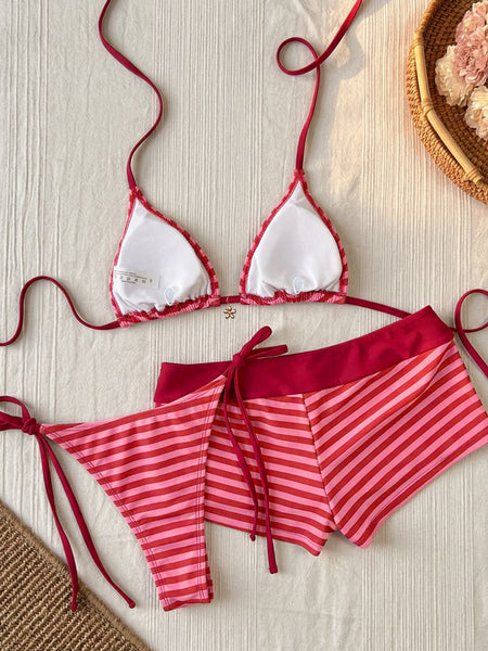 Pink Stripes Halter Bikini Set With Beach Shorts