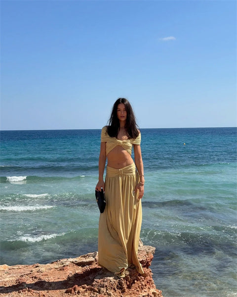 Gold Solid One Shoulder Bikini Set With Beach Skirt