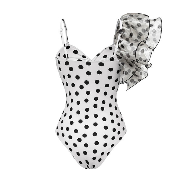 Polka Dot Spaghetti Straps One Piece Siwmsuit With Cover Up White