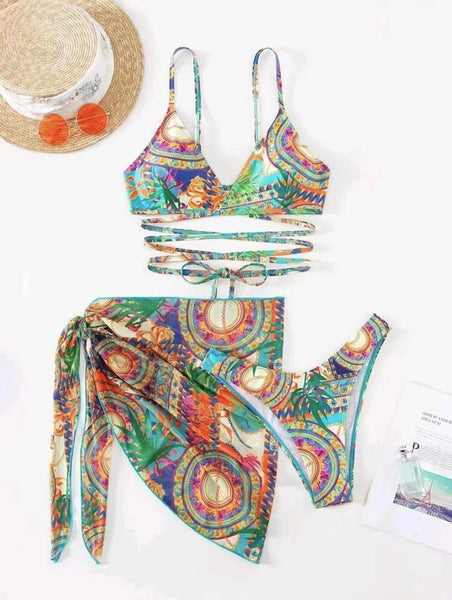 All Over Print Bikini Set Lace Up Backless Triangle Bra with Bottom And Tie Front Beach Skirt 3 Piece Swimsuit Green