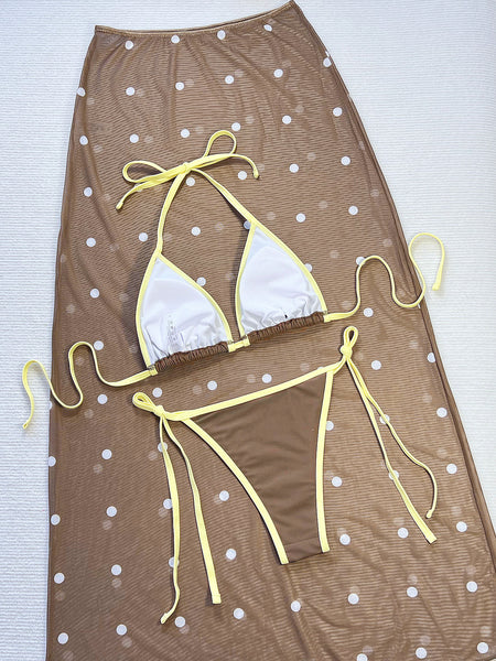 Dark Brown Polka Dots Halter Bikini Set With Beach Skirt