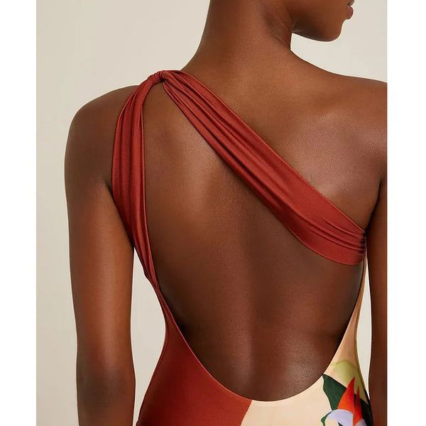 Multicolor Tropical One Shoulder One Piece Swimsuit With Sarong
