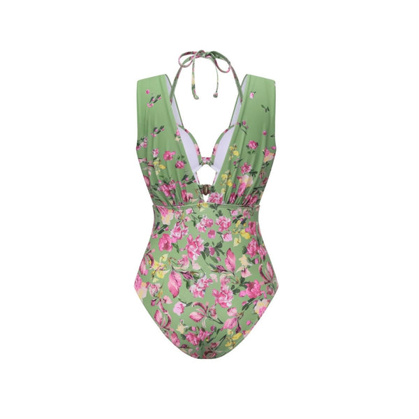 Light Green Floral Plunge Swimsuit With Bikini Top & Beach Skirt
