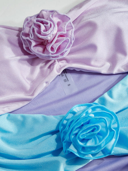 Gradient Flower With Strap Hollow One Piece Swimsuit with Mesh Skirt Two Piece Swimwear Multicolor