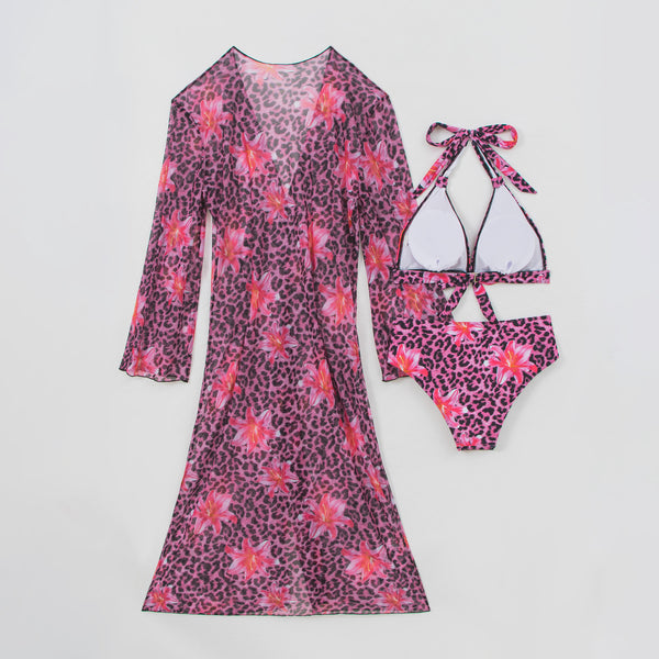 Pink Animal Print Halter Bikini Set With Long Sleeve Shrug Cover Up