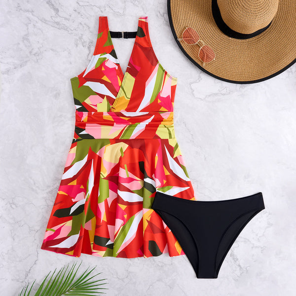 V Neck Tropical Print Tankini Two-Piece Swimsuit Multicolor