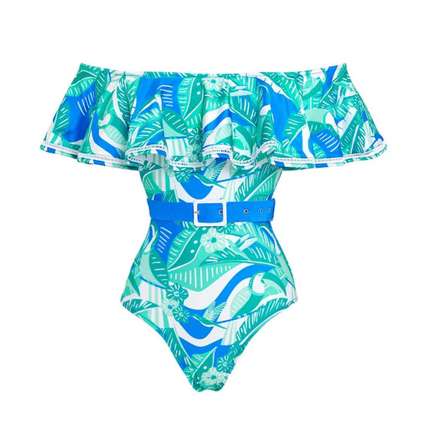 Multicolor Tropical Off Shoulder One Piece Swimsuit With Beach Skirt