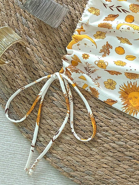 White Marine Print Underwire Bikini Set With Beach Skirt