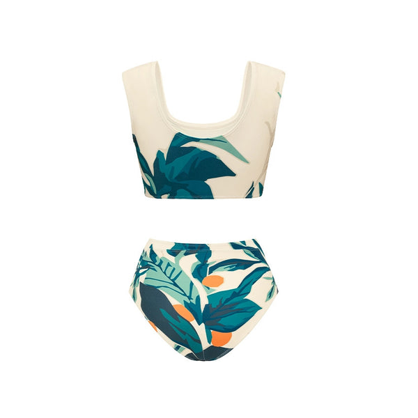 Cream Tropical High Waisted Bikini Set With Beach Pants