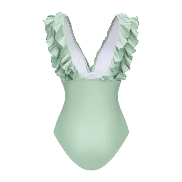 Light Green Solid Ruffle One Piece Swimsuit With Beach Skirt