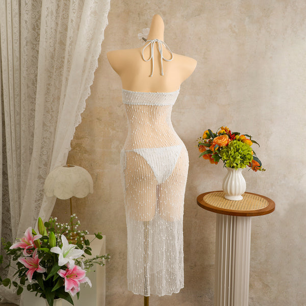 White Solid Mesh Panel Bikini Set