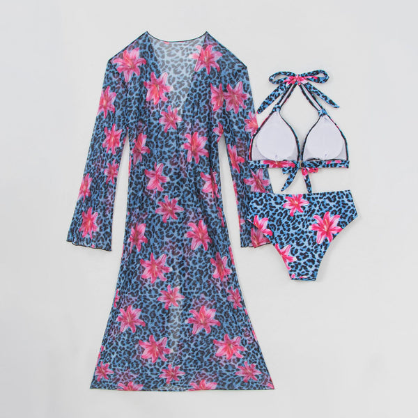 Blue Animal Print Halter Bikini Set With Long Sleeve Shrug Cover Up