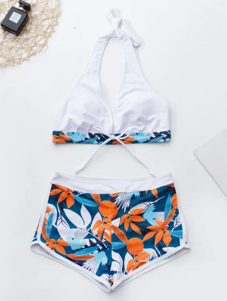 White Tropical Leaf Print Tie Bikini and Boardshorts