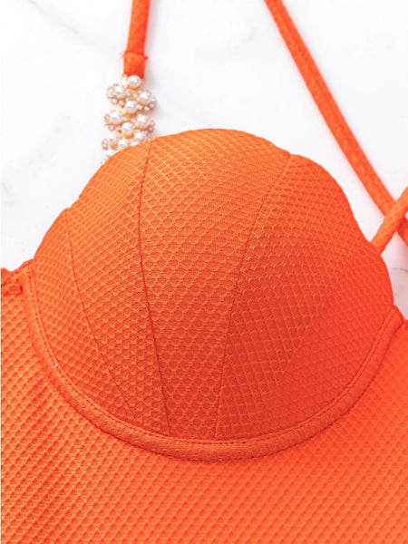 One Piece Textured Swimsuit Halter neck orange