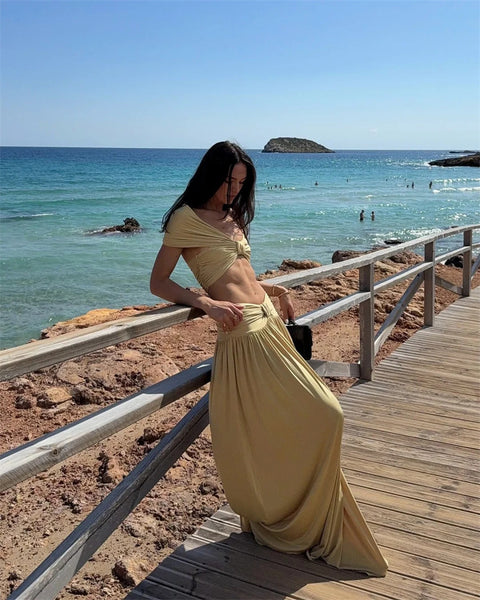 Gold Solid One Shoulder Bikini Set With Beach Skirt