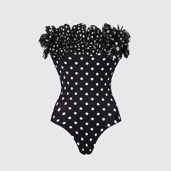 Black Polka Dots Off Shoulder One Piece Swimsuit With Maxi Cover Up
