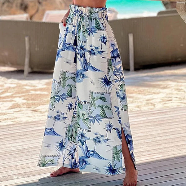White Tropical High Waisted Bikini Set With Beach Pants